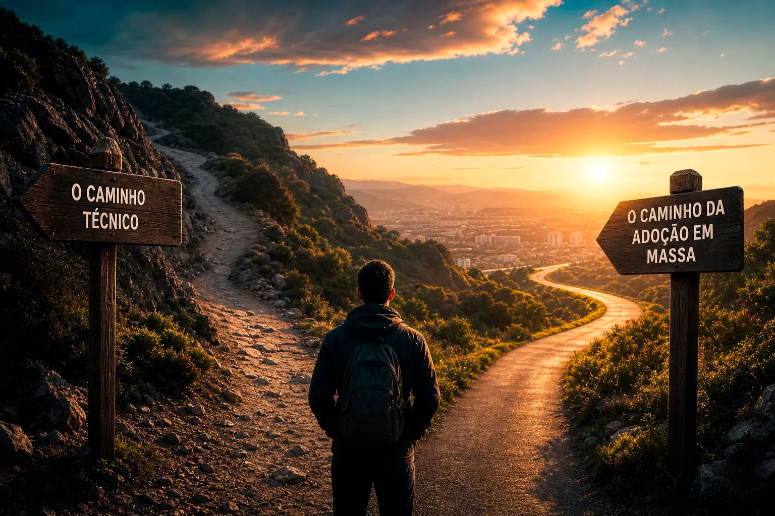 A person on a trail looks at two signposts: a technical path and a mass-adoption path.