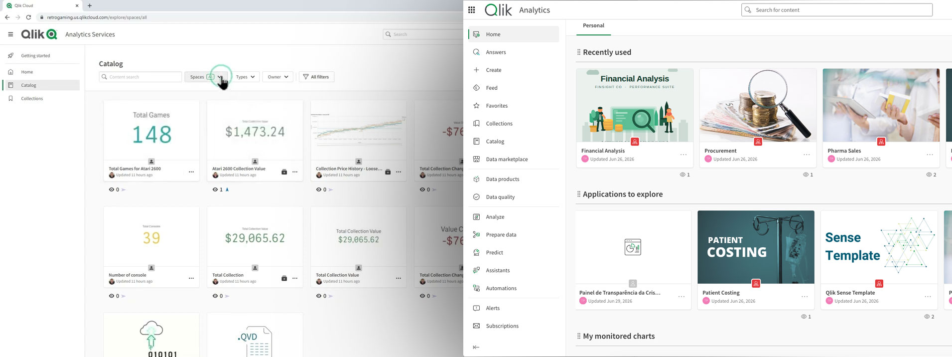 Dos pantallas de Qlik Cloud en el navegador: el catálogo de apps, con filtro por espacios, y la página de inicio, con los apps usados recientemente y los apps para explorar.