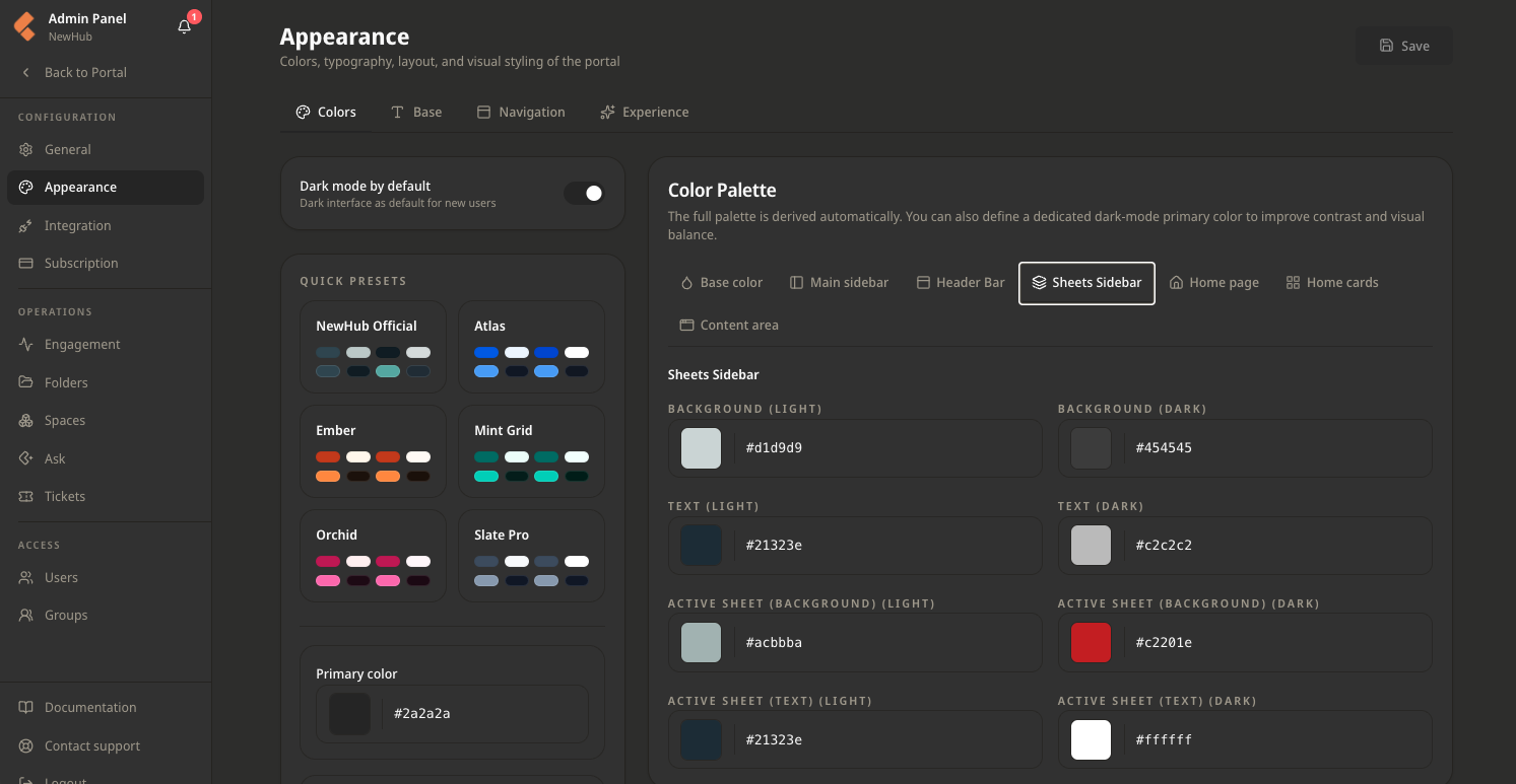 NewHub's admin panel: the portal's colour palette, with presets and the brand's primary colour.
