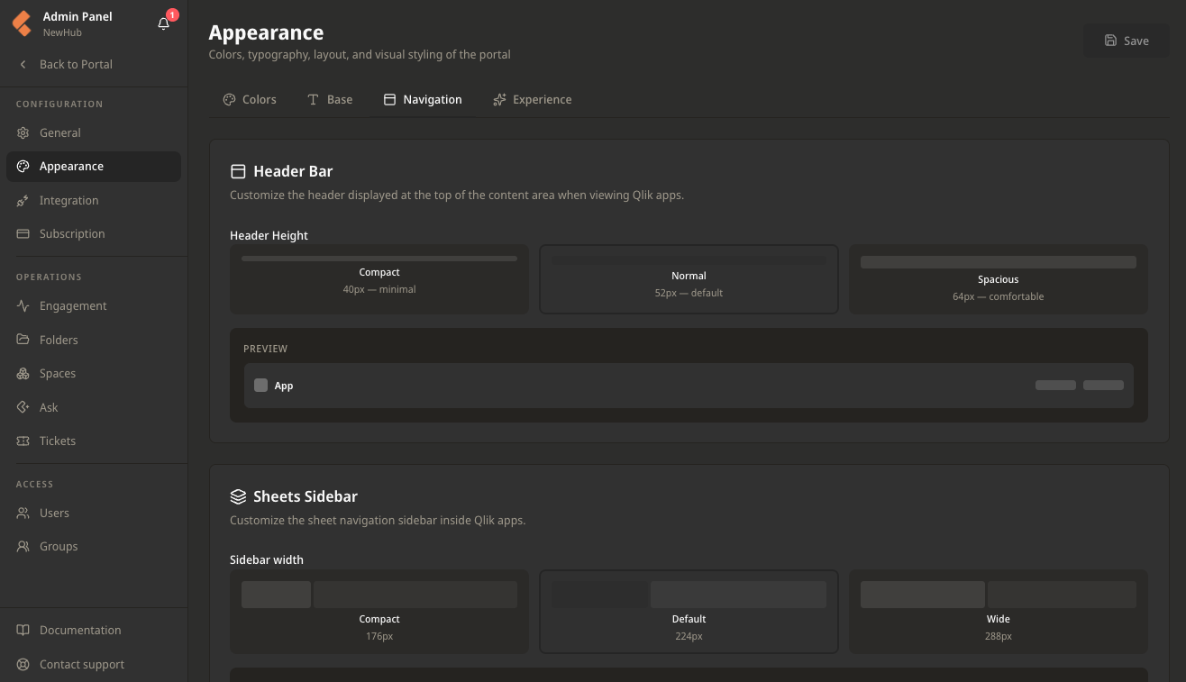 Still in the admin panel, the navigation settings: header height and the width of the sheets sidebar.