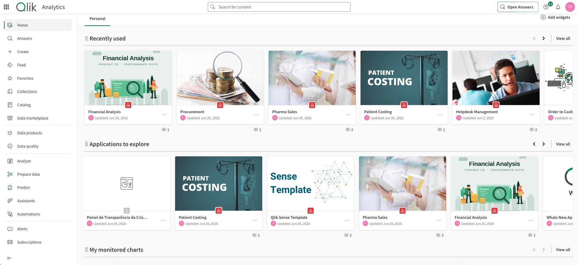 Tela inicial do Qlik Cloud com vários apps e painéis disponíveis.