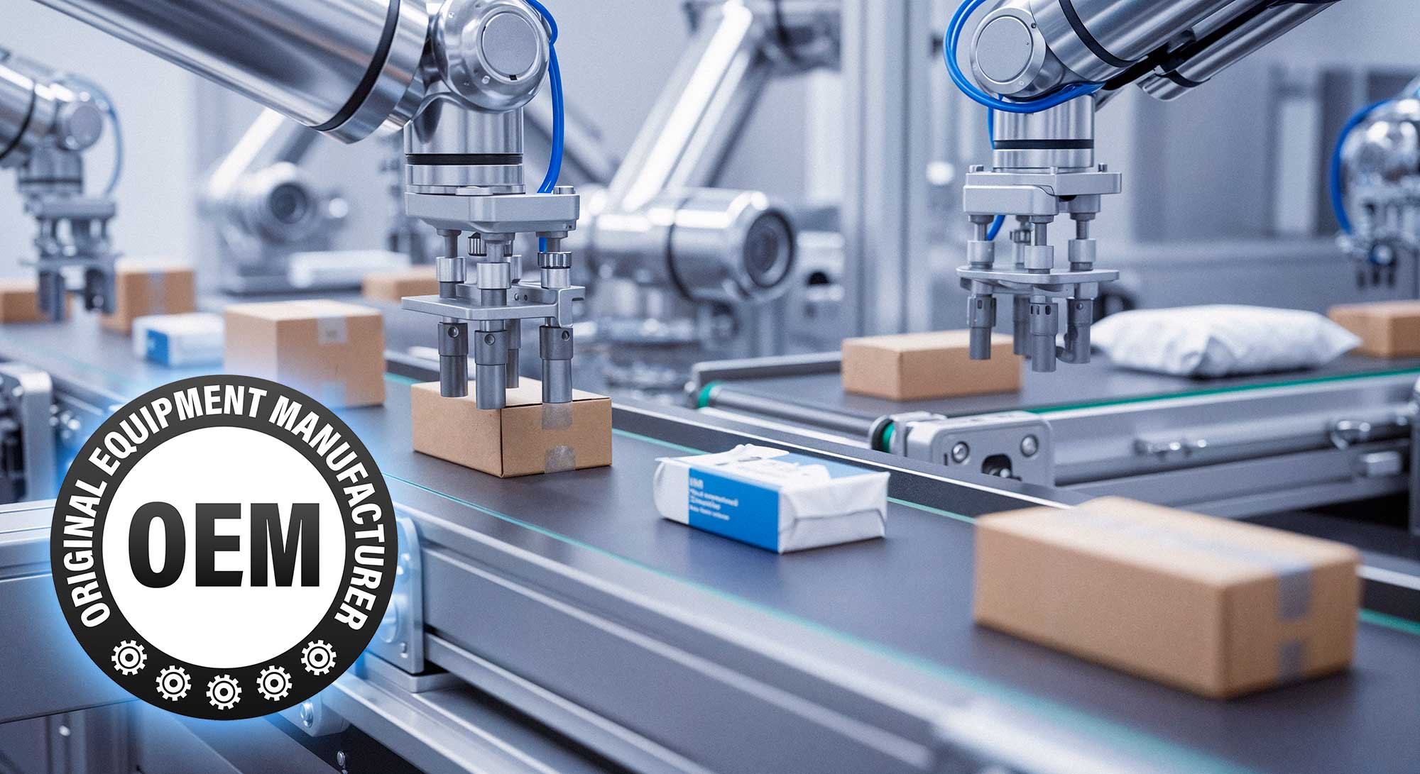 Robotic arms on an automated assembly line, with an Original Equipment Manufacturer seal.